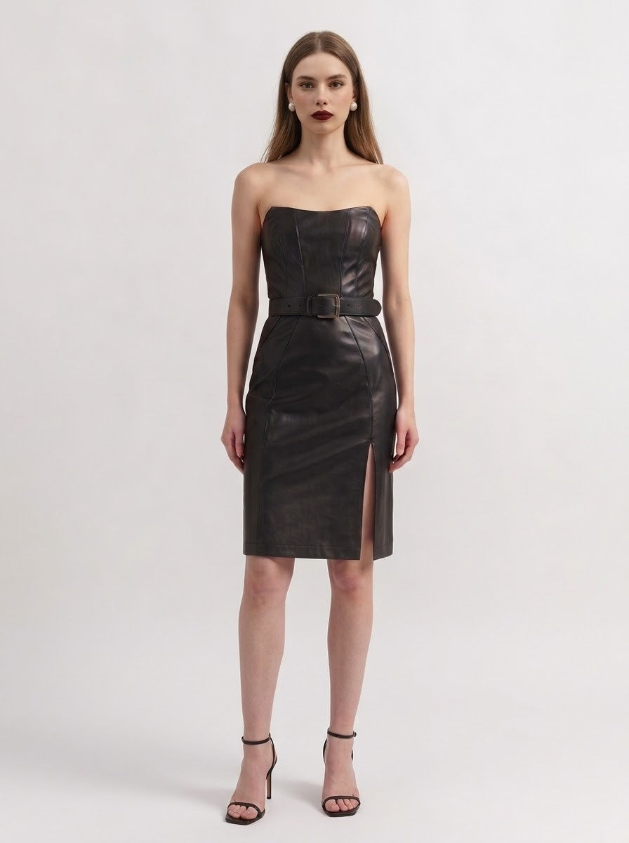 Bodycon strapless leather dress