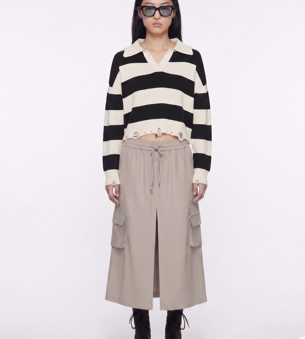 Long sleeve distressed hem effect stripe top