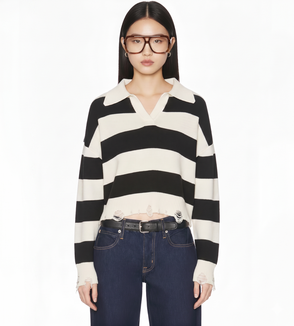 Long sleeve distressed hem effect stripe top