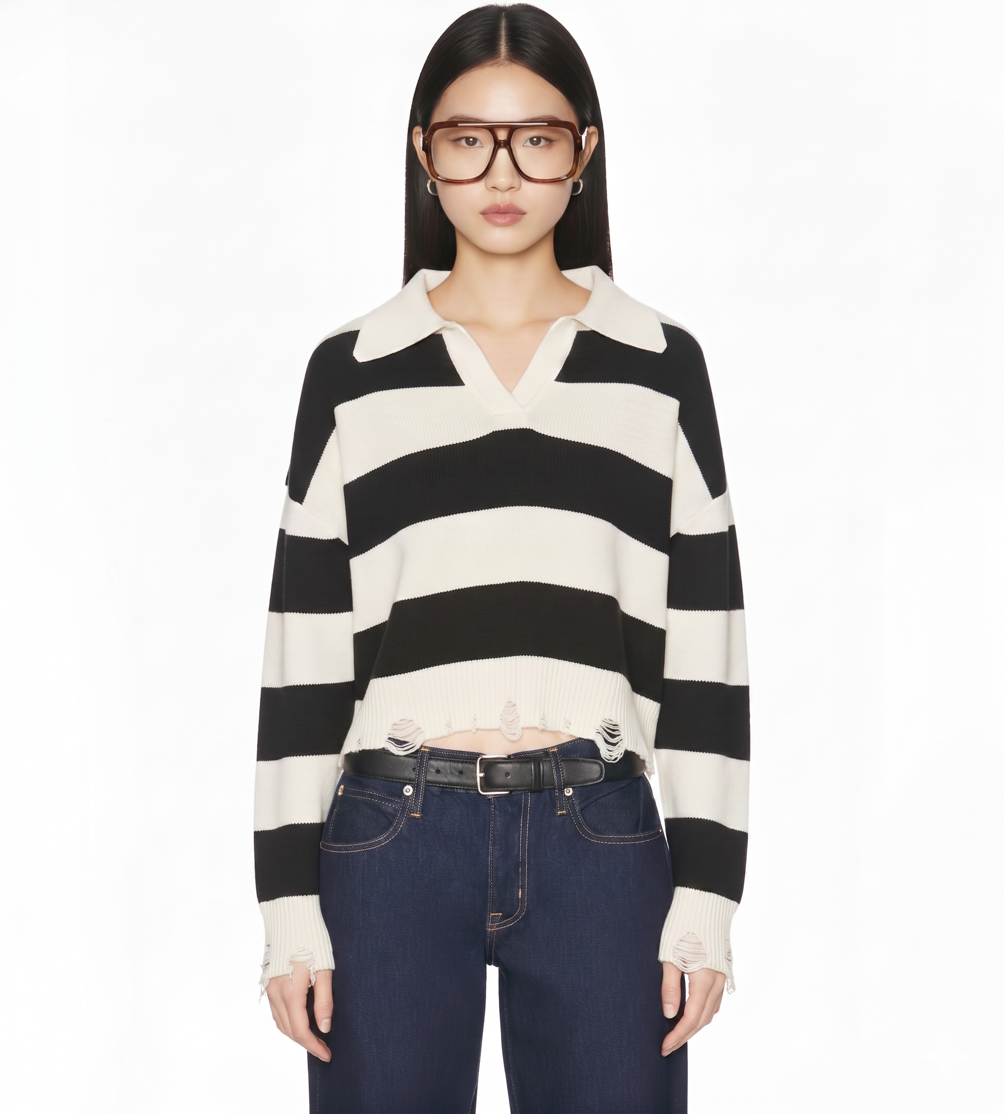 Long sleeve distressed hem effect stripe top