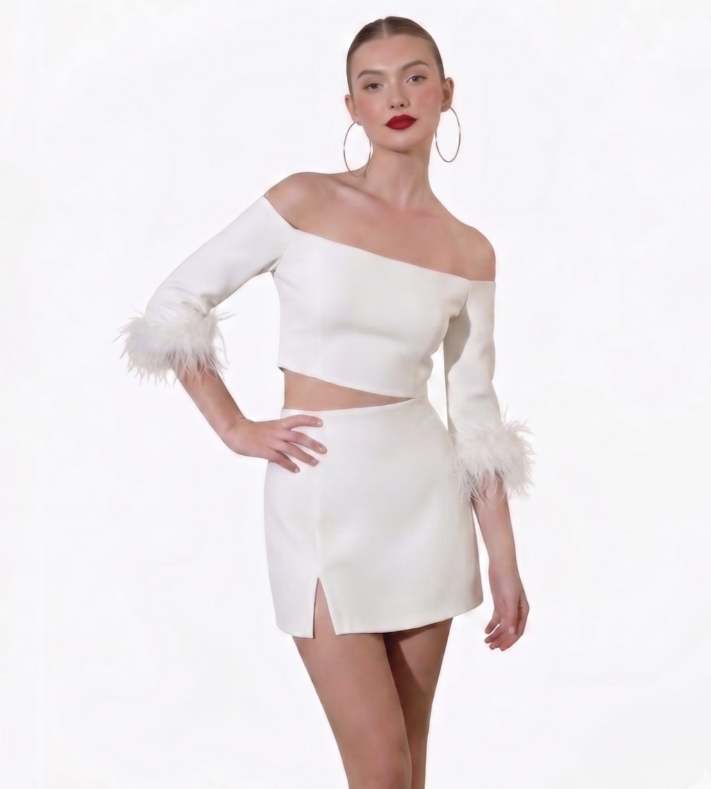 Feather sleeve detail knit top/skirt set
