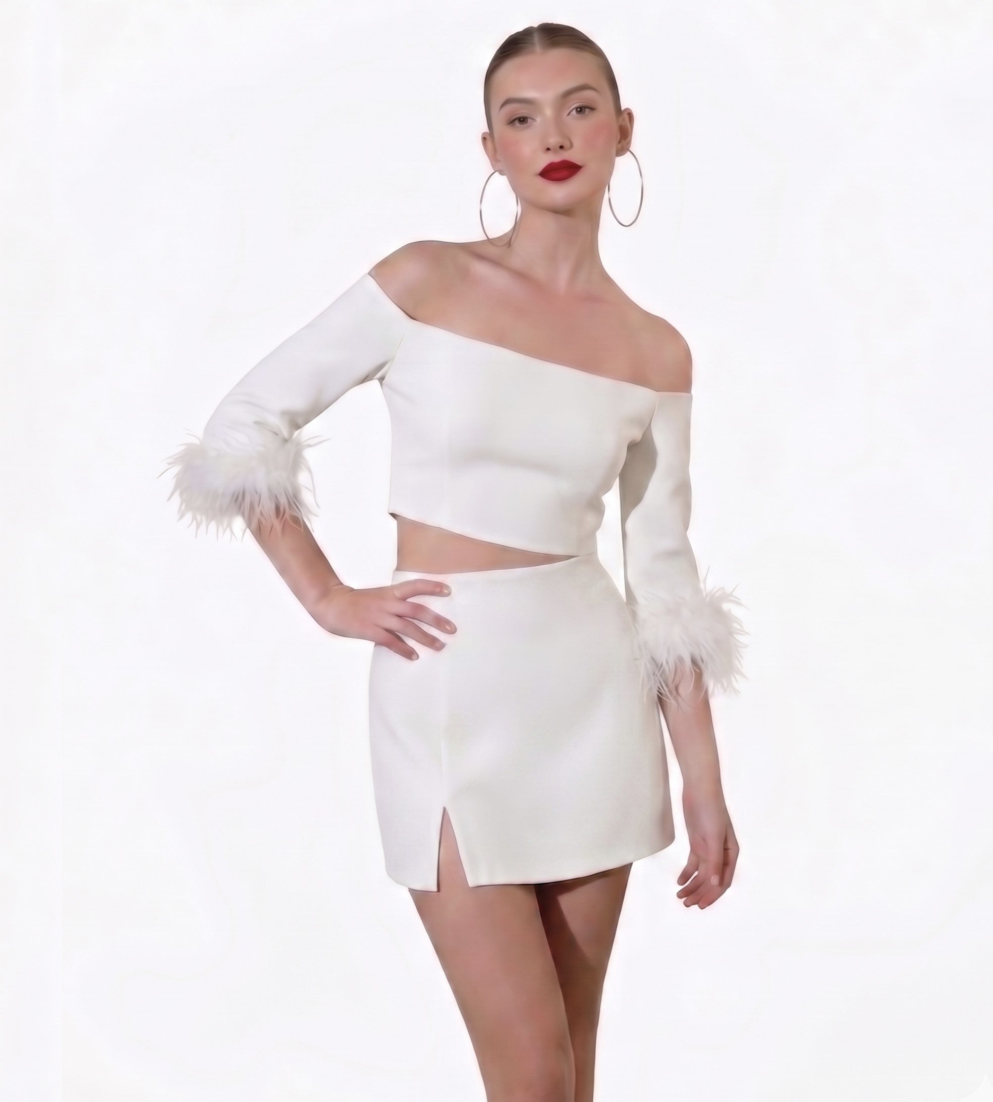 Feather sleeve detail knit top/skirt set