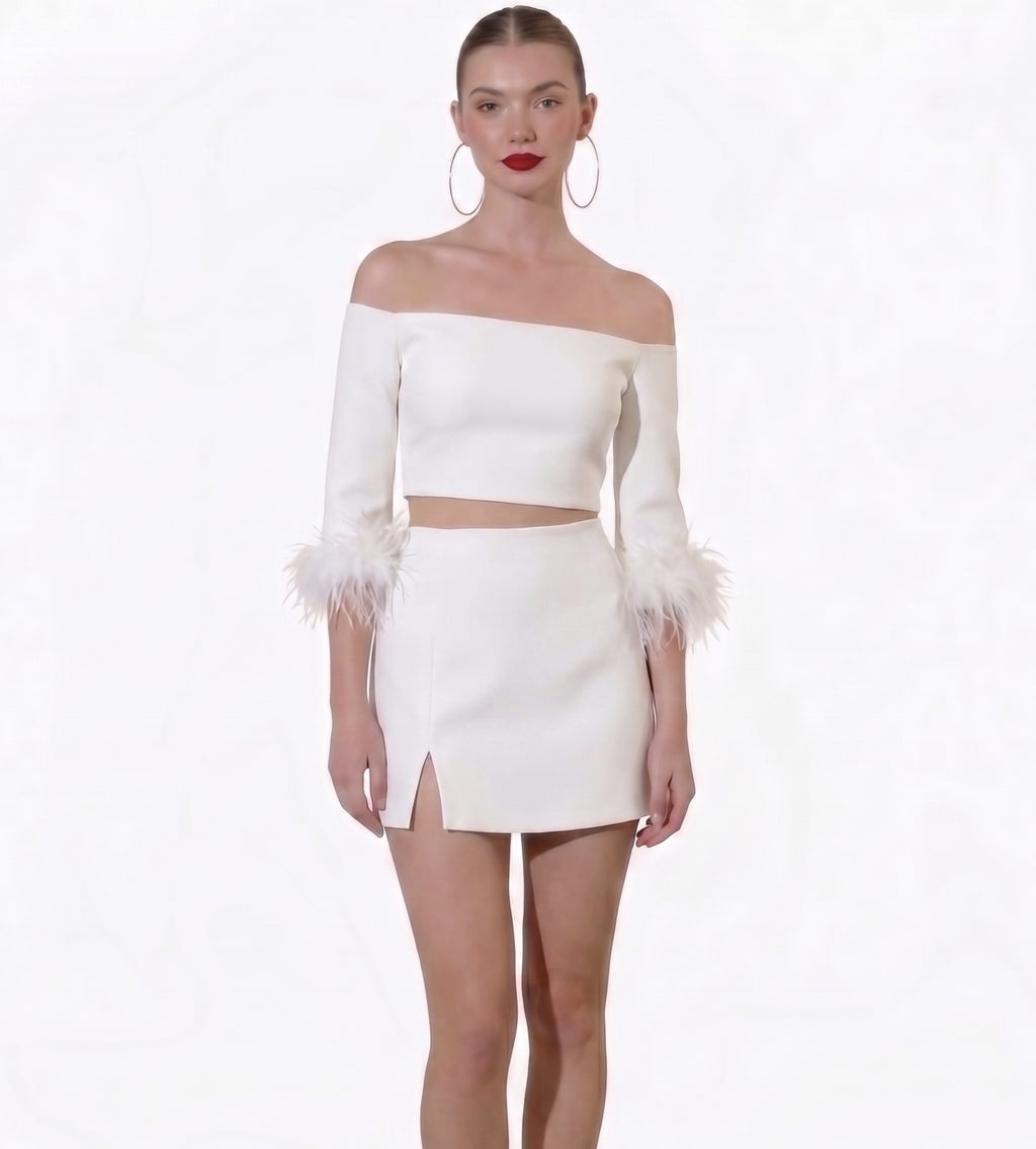 Feather sleeve detail knit top/skirt set