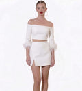 Feather sleeve detail knit top/skirt set