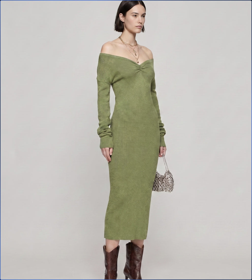 Wide v shaped shoulder metallic knit dress