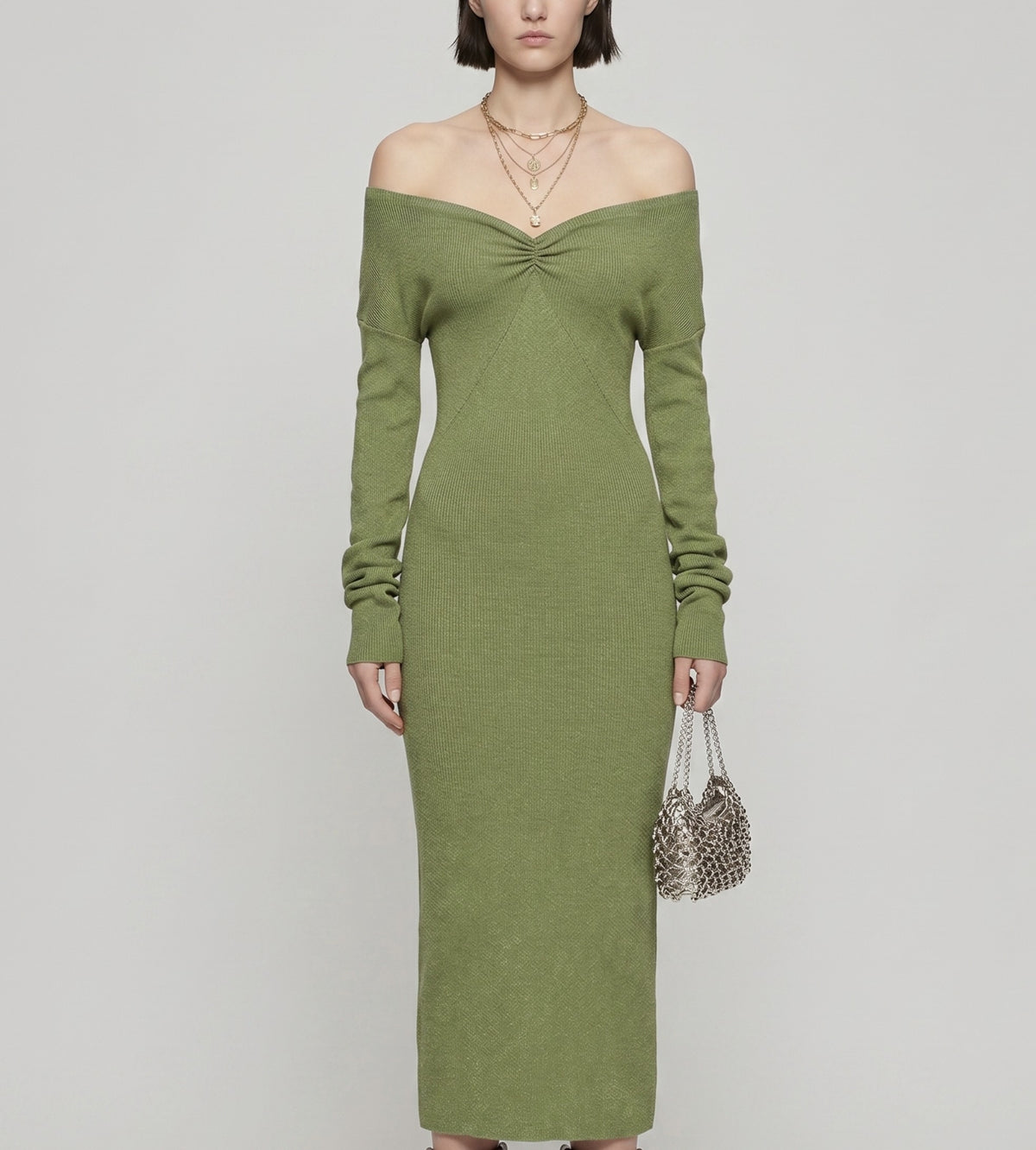 Wide v shaped shoulder metallic knit dress