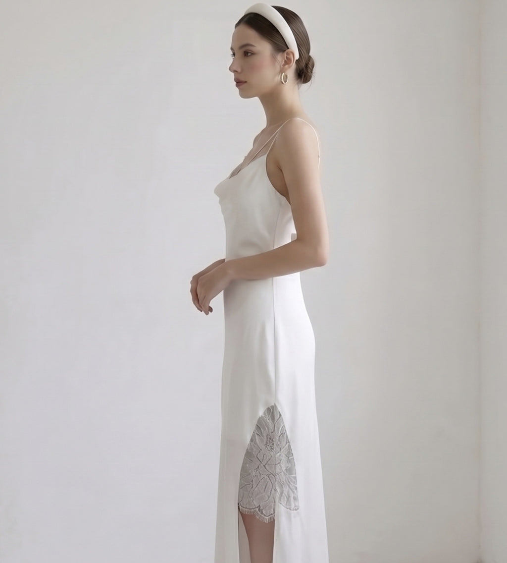 Lace inset cowl neck dress
