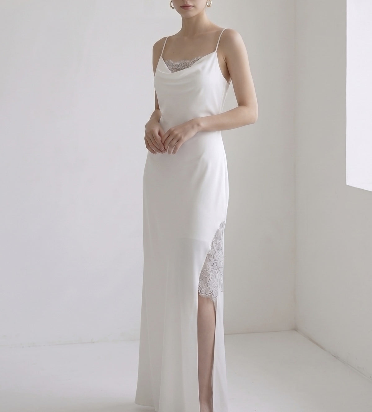 Lace inset cowl neck dress