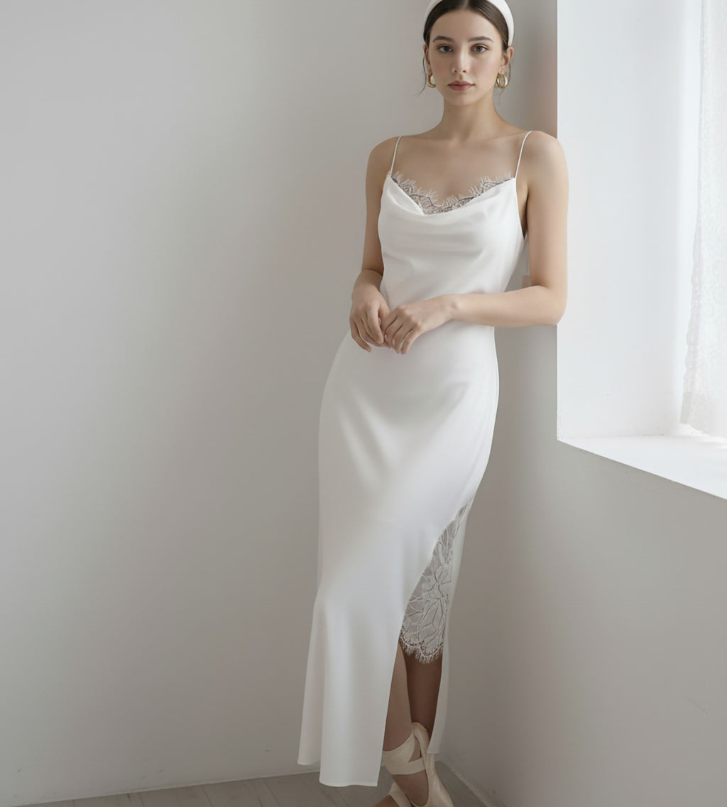 Lace inset cowl neck dress