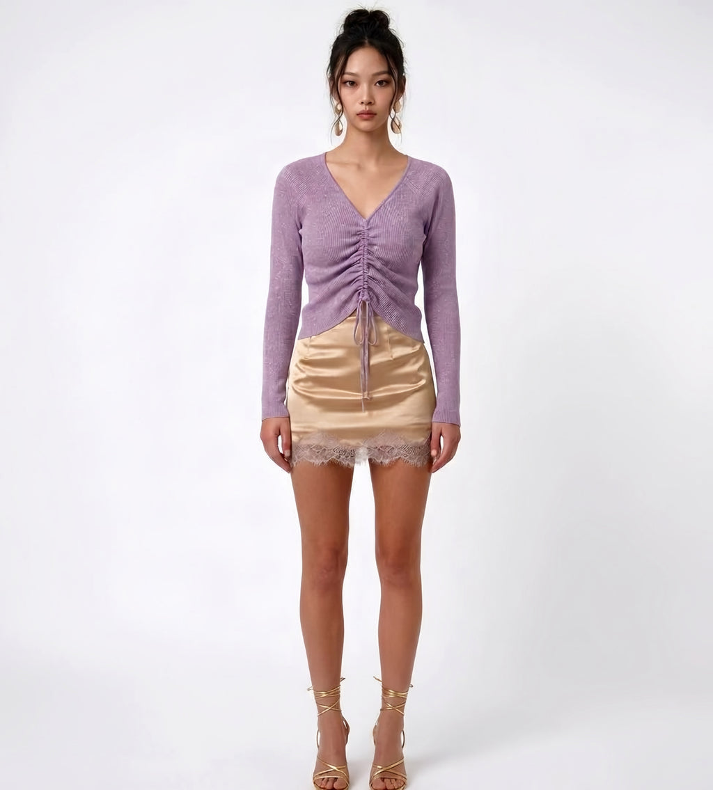 Metallic shirred detail knit top