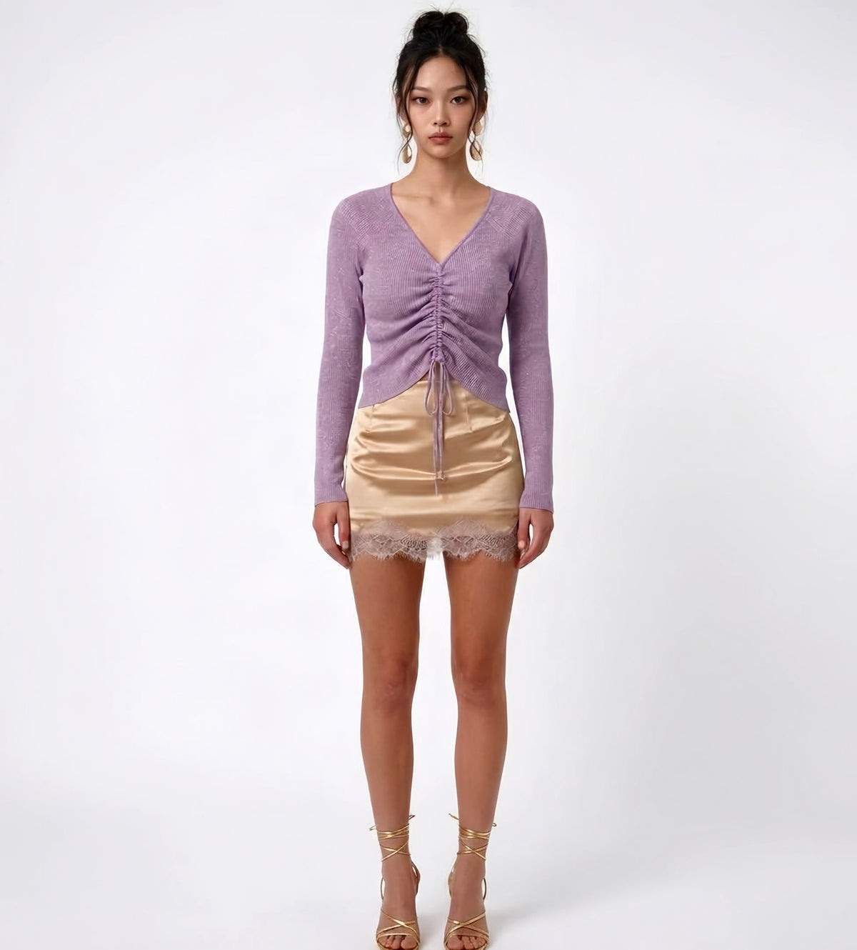 Metallic shirred detail knit top