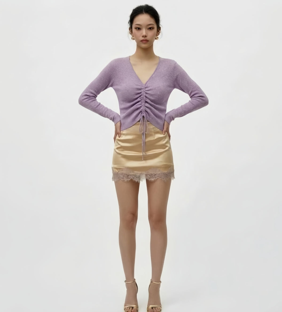 Metallic shirred detail knit top