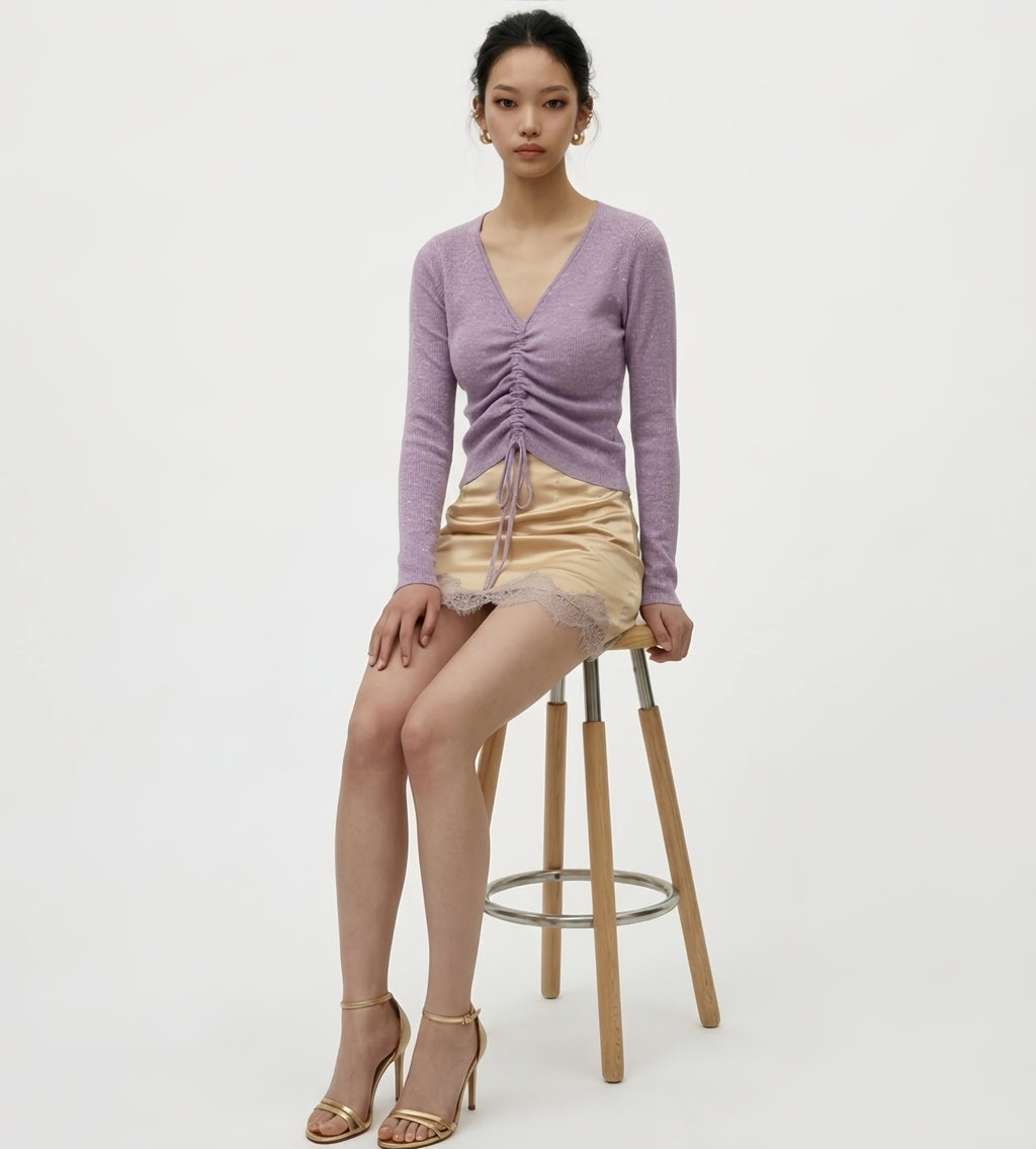 Metallic shirred detail knit top