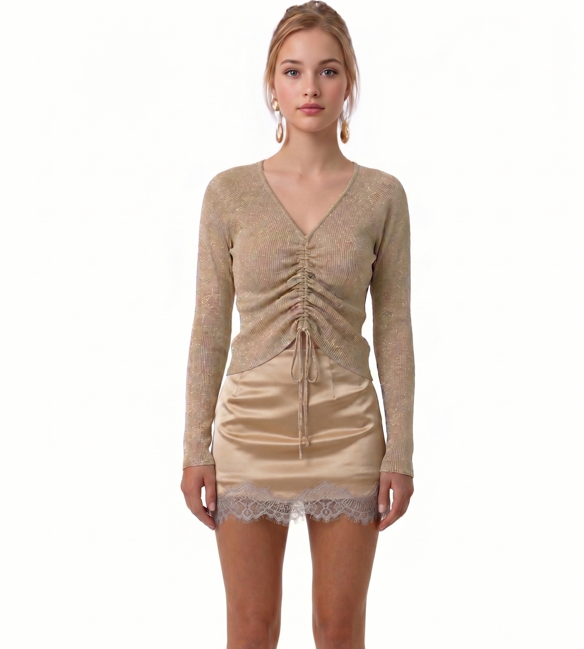 Metallic shirred detail knit top
