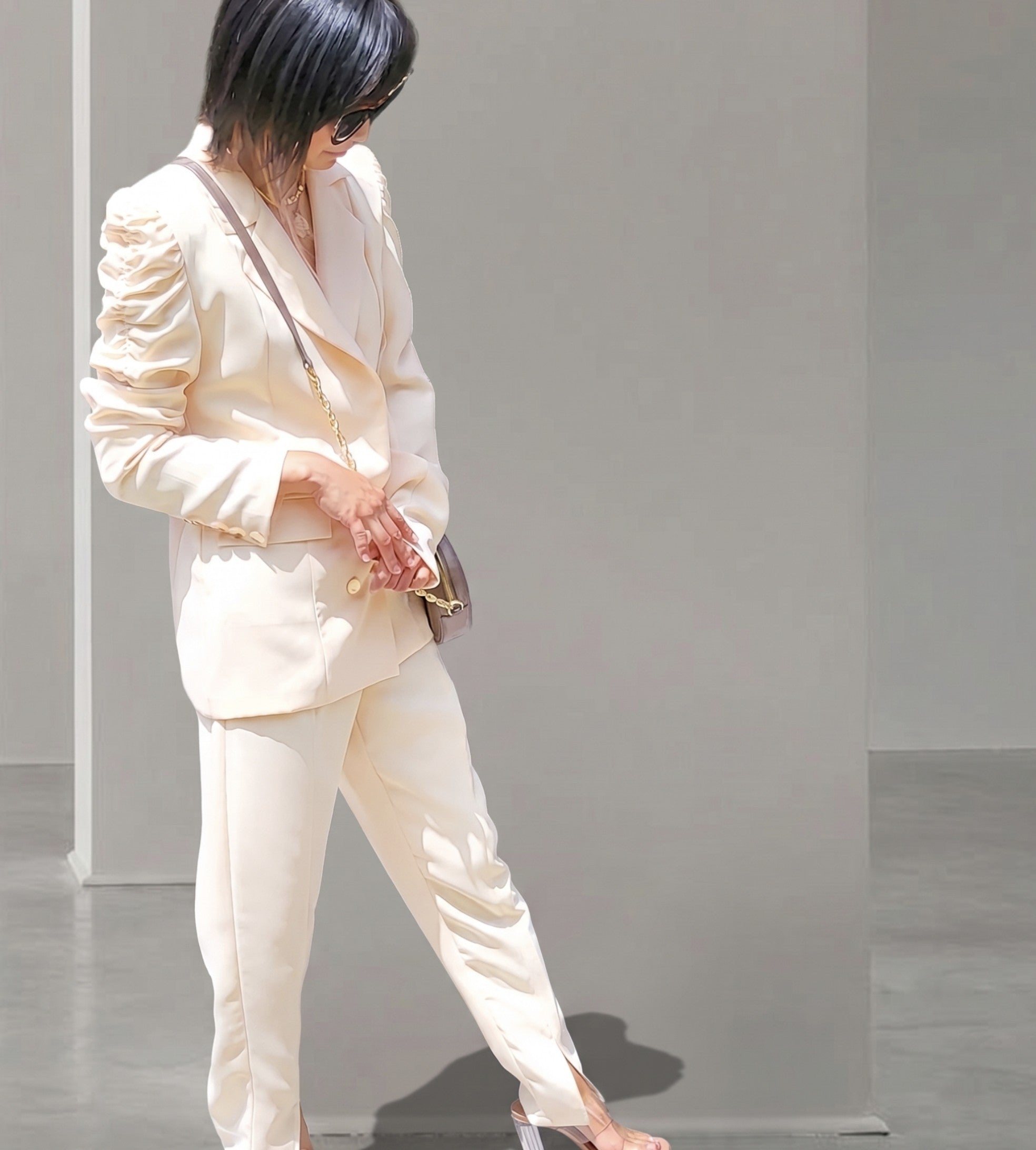 cream pant with gold button