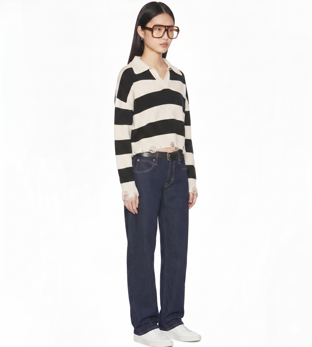 Long sleeve distressed hem effect stripe top