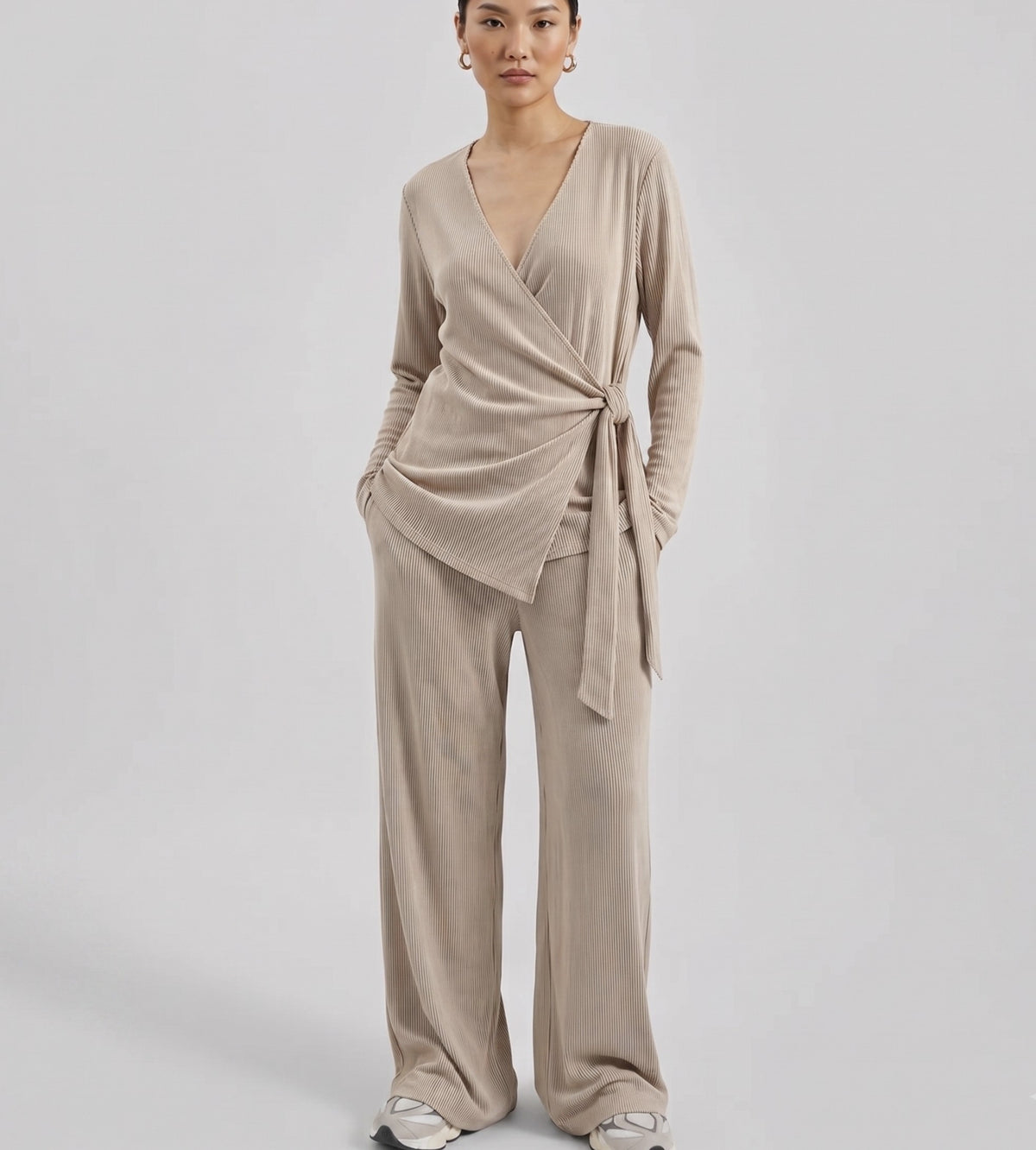 Stripe texture long sleeve knit set