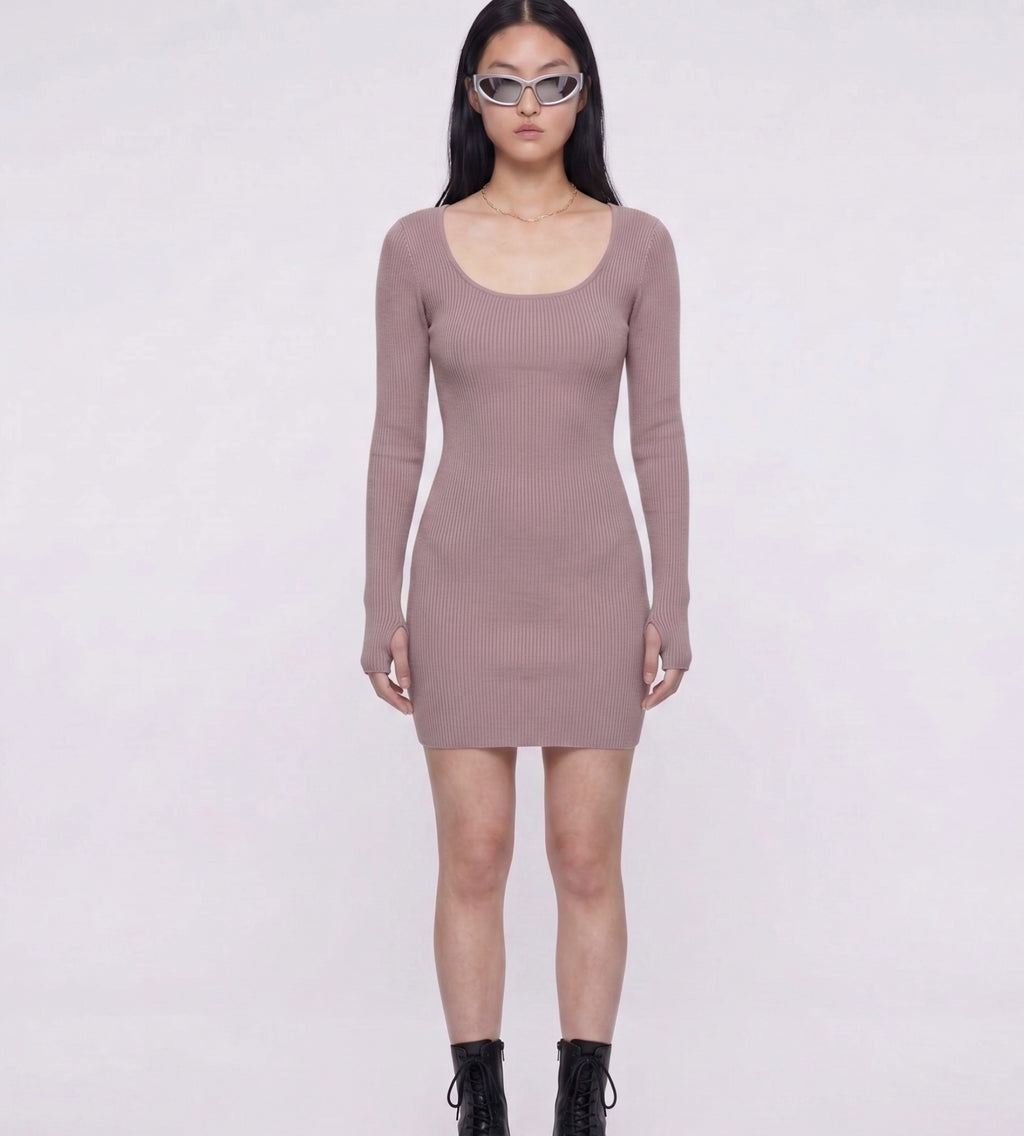 Thumbhole sleeve rib dress