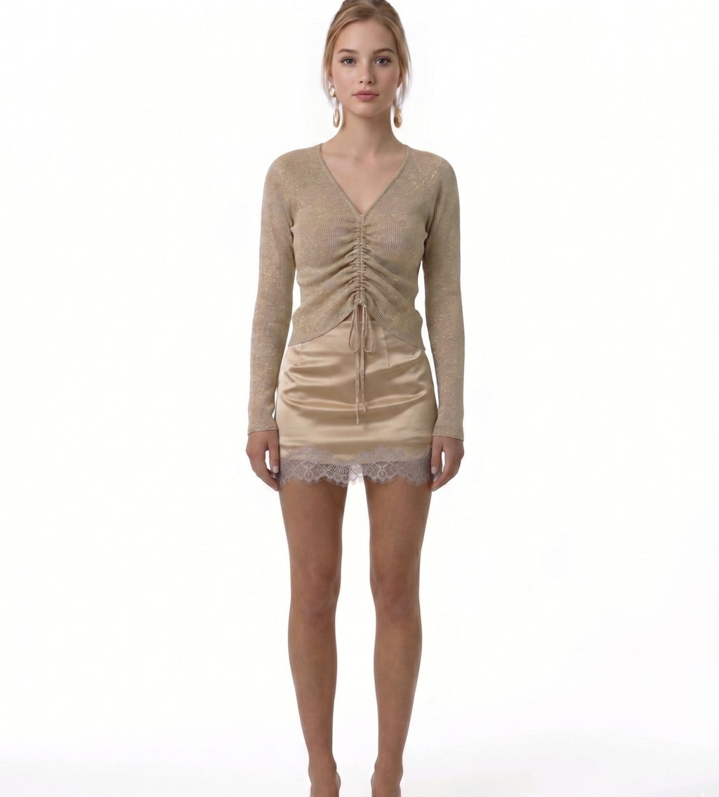 Metallic shirred detail knit top