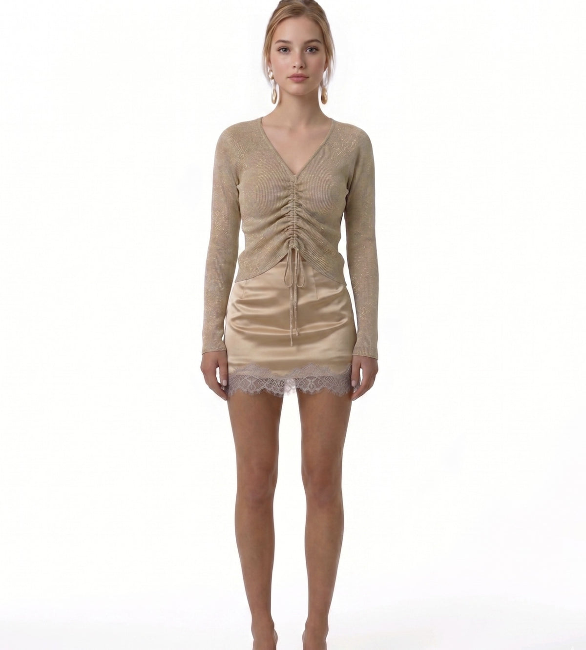 Metallic shirred detail knit top
